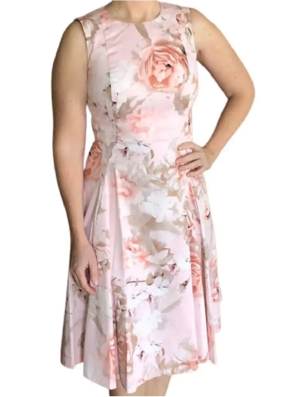 Calvin Klein Blush Pink Floral Fit & Flare Midi Dress Size 6 Wedding Guest